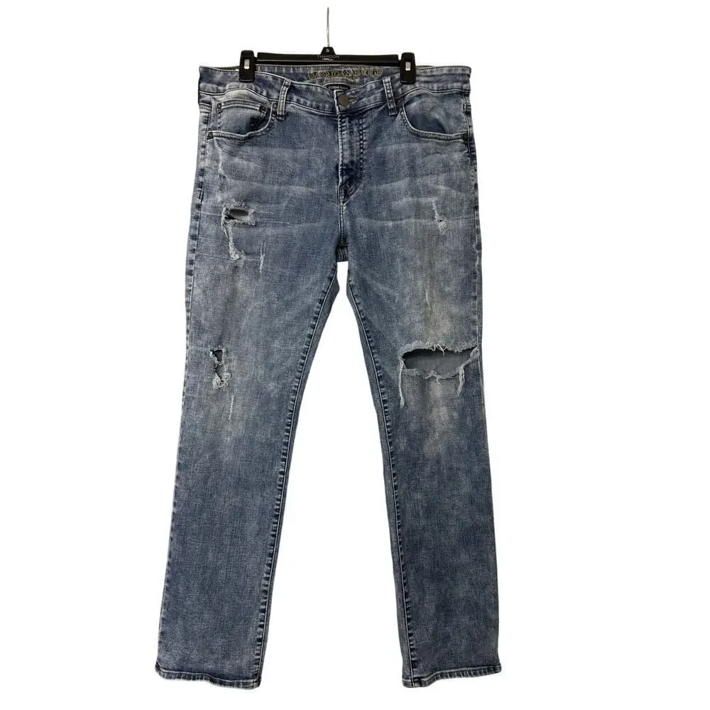 AMERICAN EAGLE Extreme Flex 4 Slim Straight Distressed Light Wash Jeans 36x34